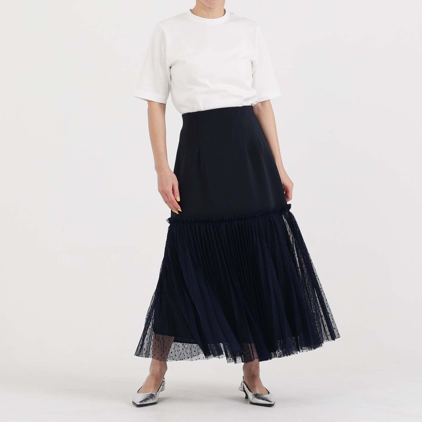 F-SK-12「Drape knit & Dot tulle」Tulle combination skirt【NAVY】