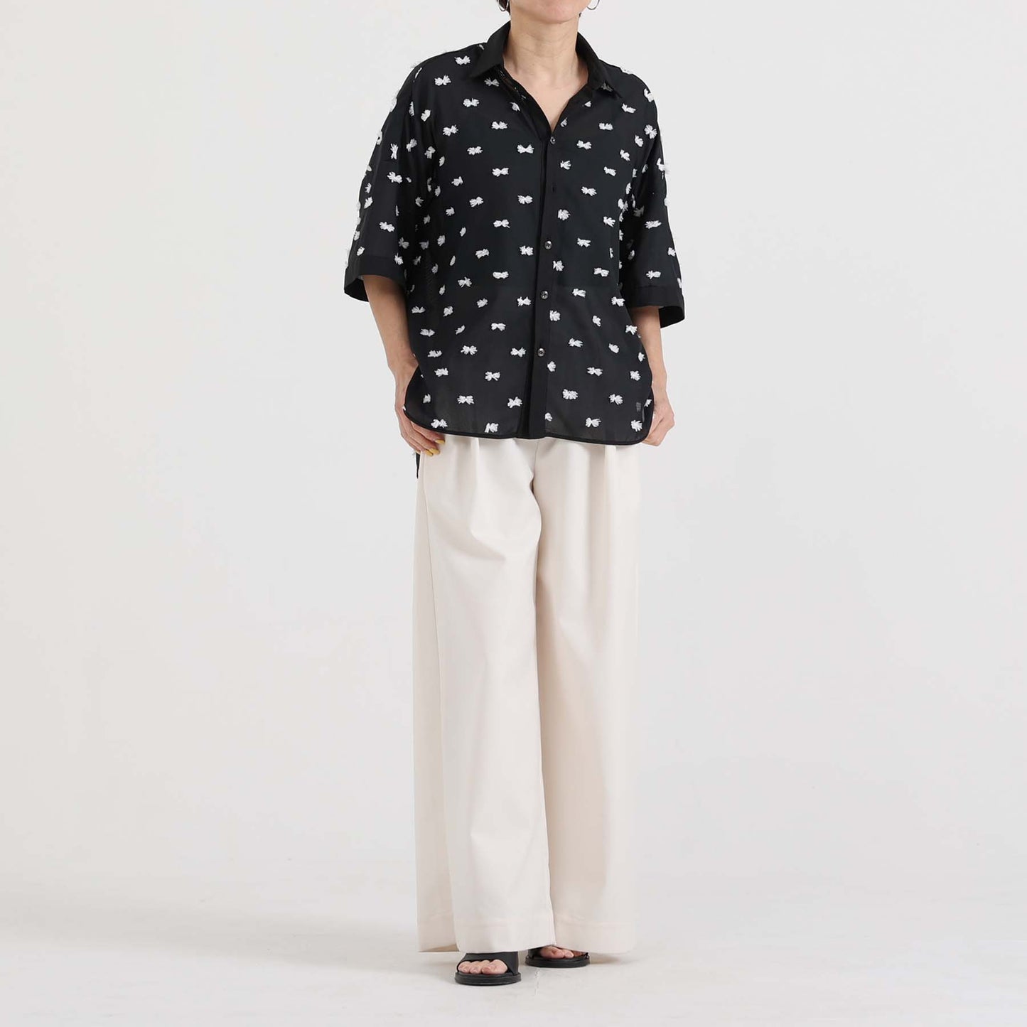【7月下旬お届け予定】F-SH-04「Feather dot」Relax shirt 【BLACK WHITE】