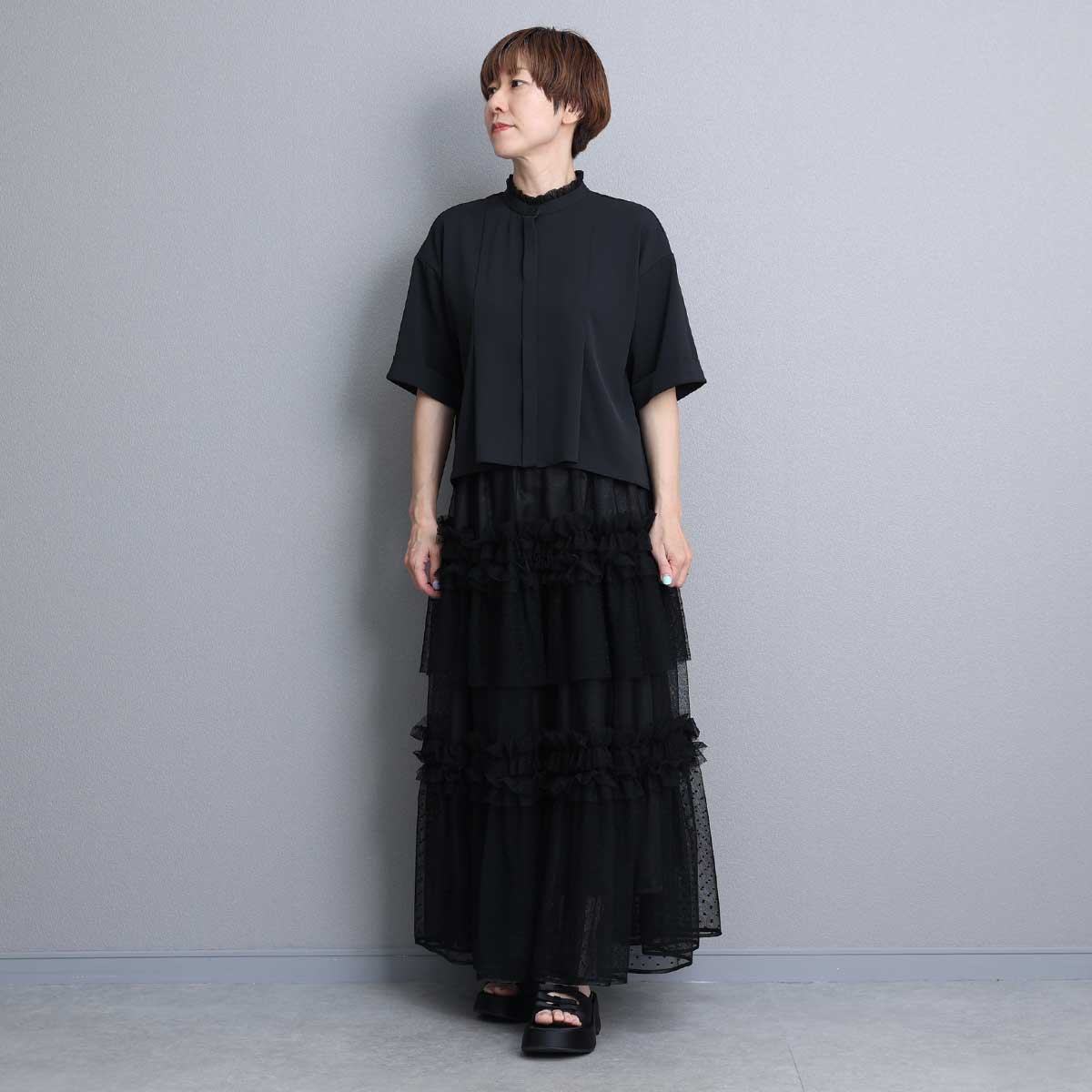 C-BL-84S「Technical twill」Front button blouse BLACK