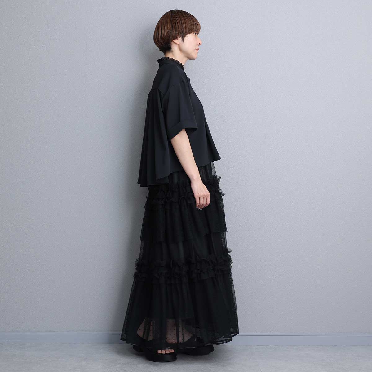 C-BL-84S「Technical twill」Front button blouse BLACK