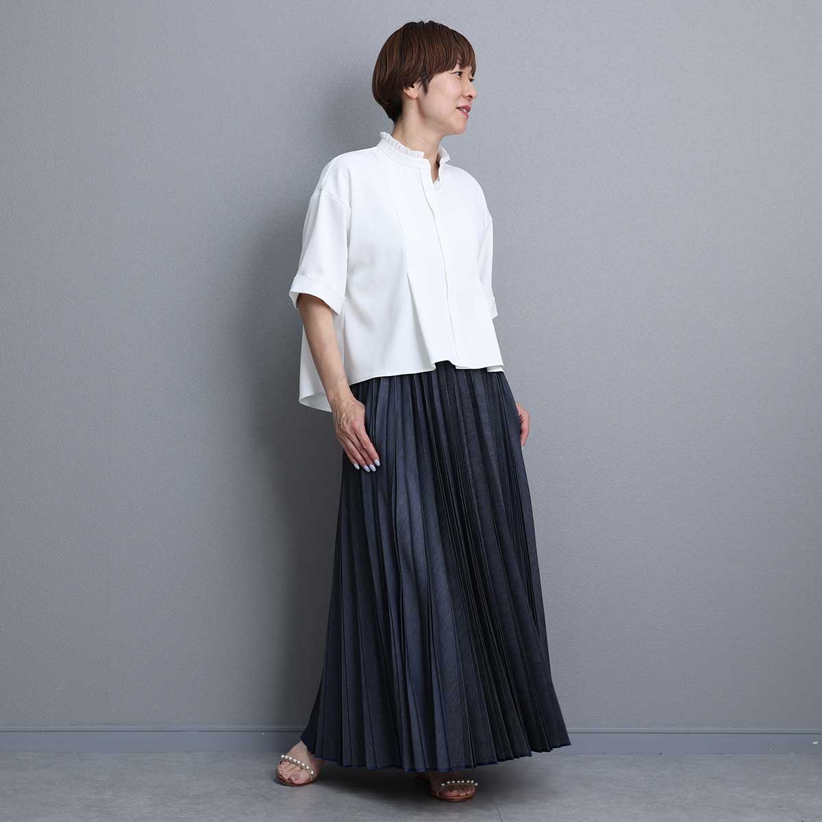 C-BL-84S「Technical twill」Front button blouse WHITE