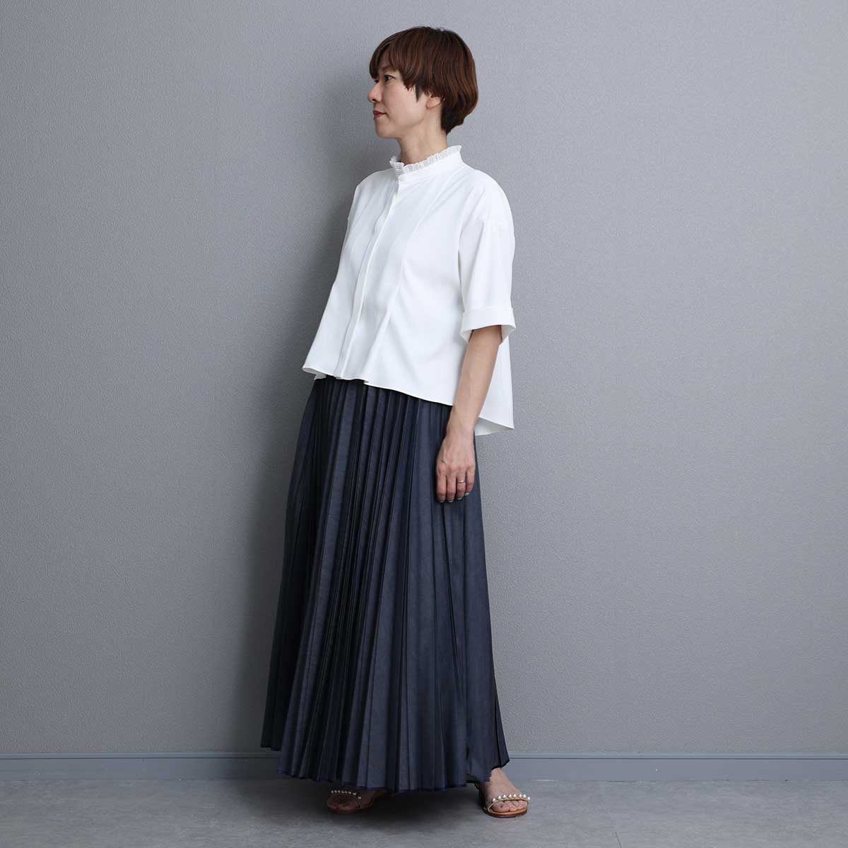 C-BL-84S「Technical twill」Front button blouse WHITE