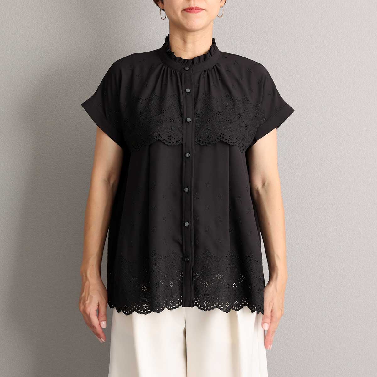 C-BL-85 『Stella scallop』 French sleeve blouse BLACK