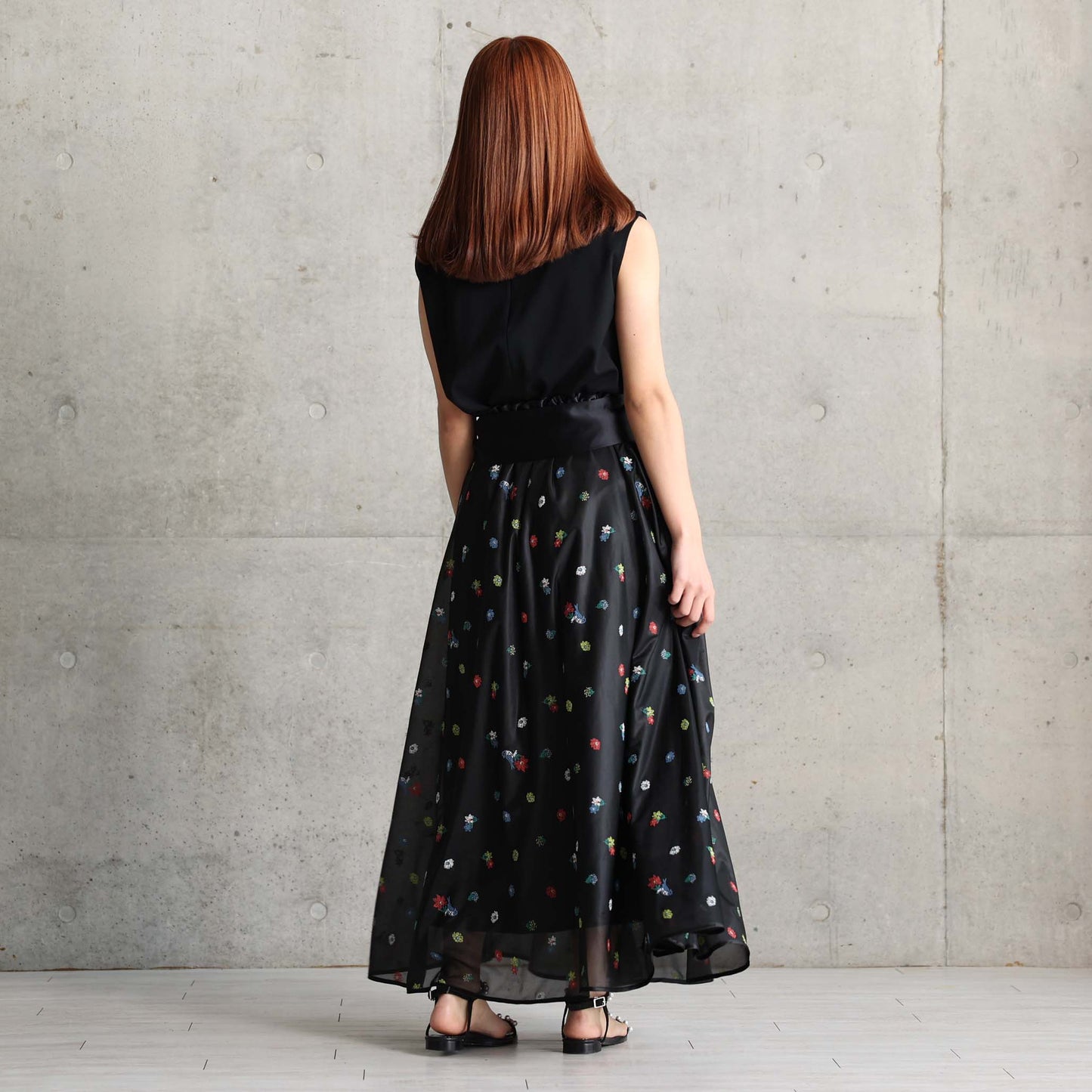 C-SK-137「Robin flower sheer knit」Long skirt BLACK