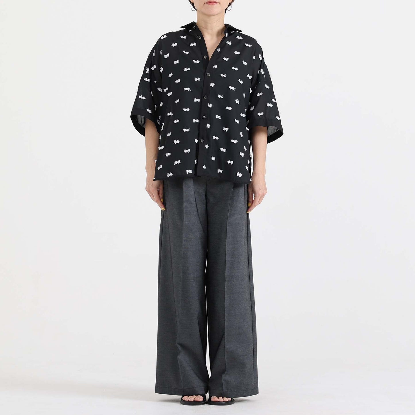 【7月下旬お届け予定】F-SH-04「Feather dot」Relax shirt 【BLACK WHITE】