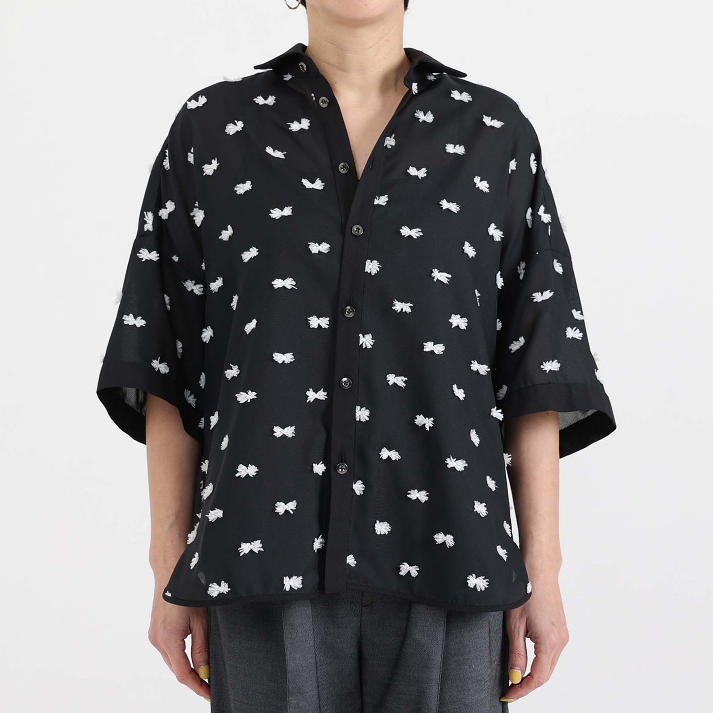 【7月下旬お届け予定】F-SH-04「Feather dot」Relax shirt 【BLACK WHITE】