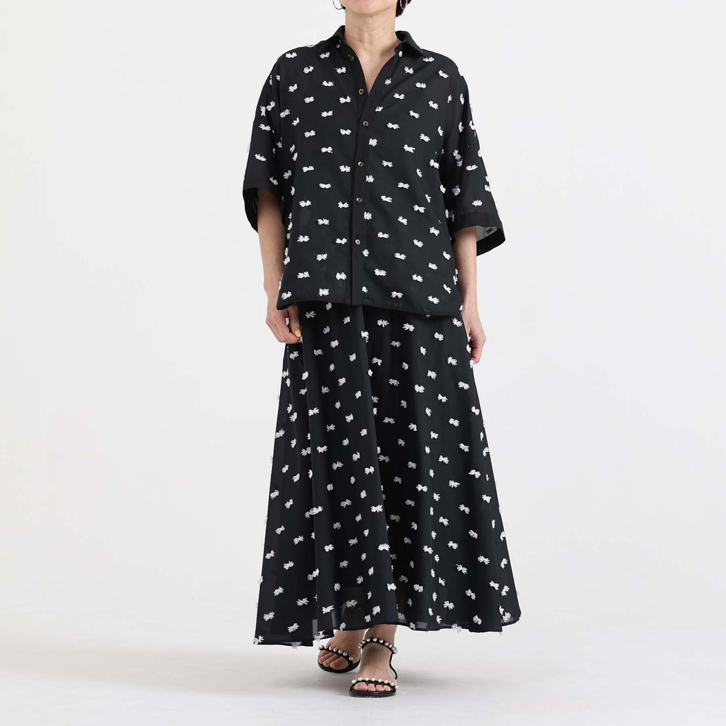 【7月下旬お届け予定】F-SH-04「Feather dot」Relax shirt 【BLACK WHITE】