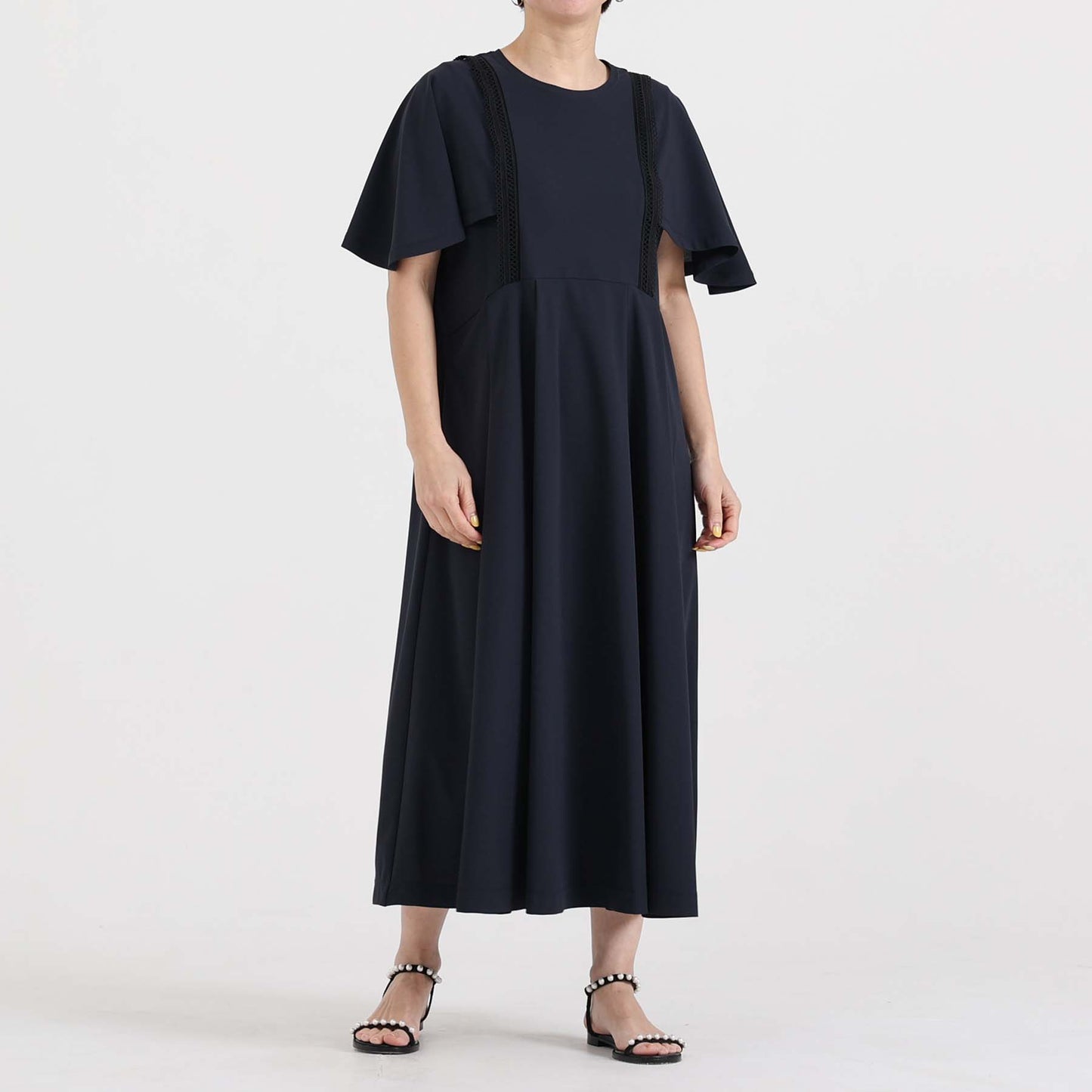 F-DR-05「Dry pique」Flare sleeve dress【NAVY】