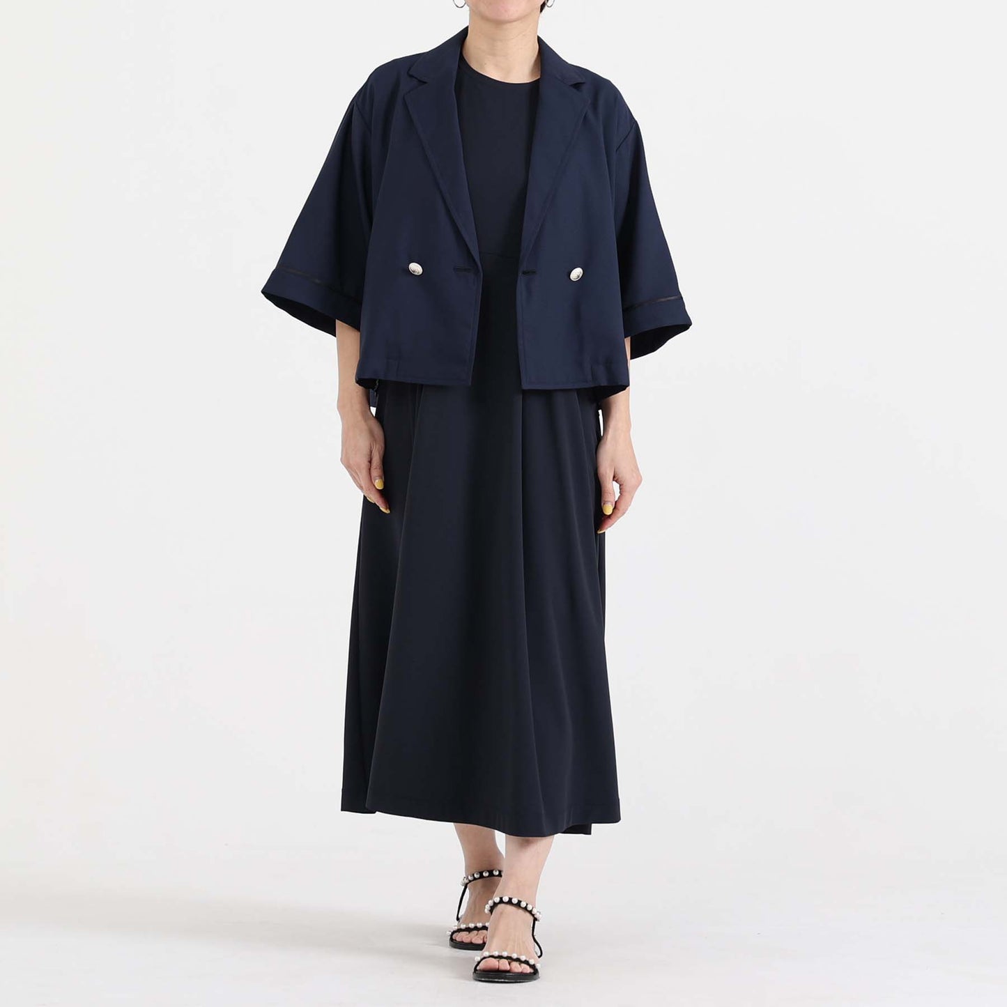 F-DR-05「Dry pique」Flare sleeve dress【NAVY】