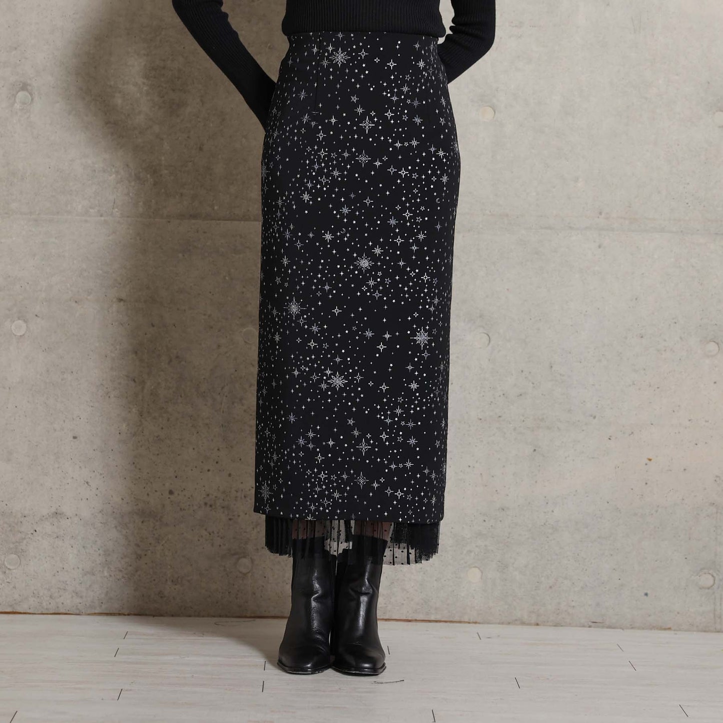 2026AW【9月下旬お届け予定】 F-SK-16「Technical knit&dot tulle」Layered Pleated Skirt【全2色】