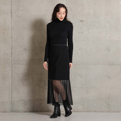 2026AW【9月下旬お届け予定】 F-SK-16「Technical knit&dot tulle」Layered Pleated Skirt【全2色】