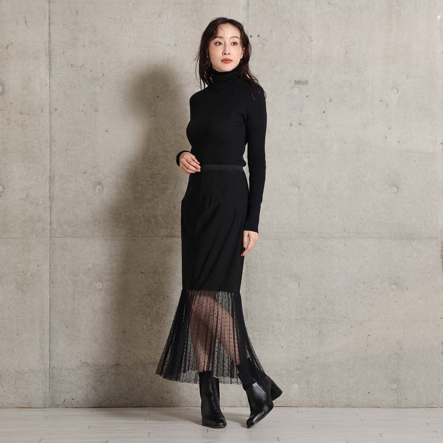 2026AW【9月下旬お届け予定】 F-SK-16「Technical knit&dot tulle」Layered Pleated Skirt【全2色】