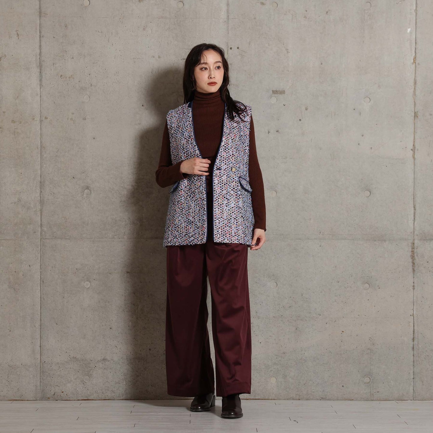 2026AW【10月下旬お届け予定】 F-VT-03「Wreath tweed/Layer check tweed」Double-breasted gilet【全2色】
