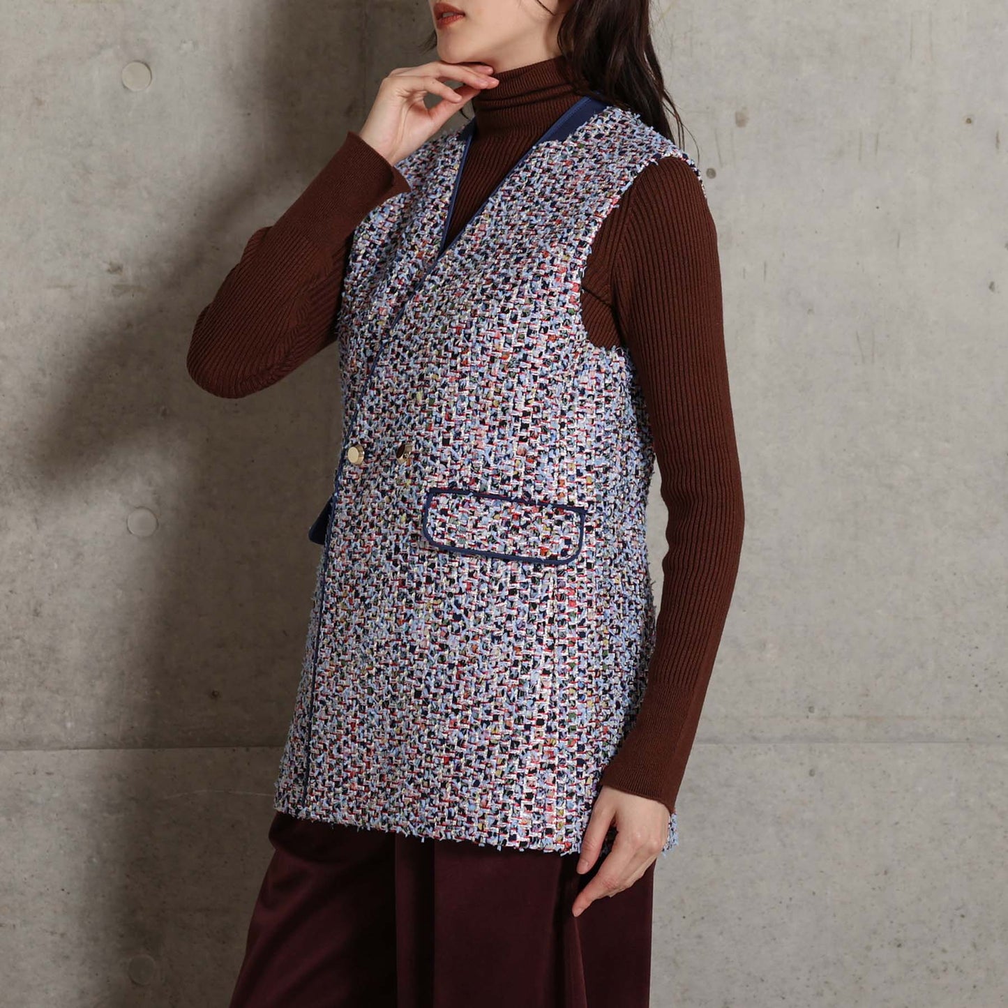 2026AW【10月下旬お届け予定】 F-VT-03「Wreath tweed/Layer check tweed」Double-breasted gilet【全2色】