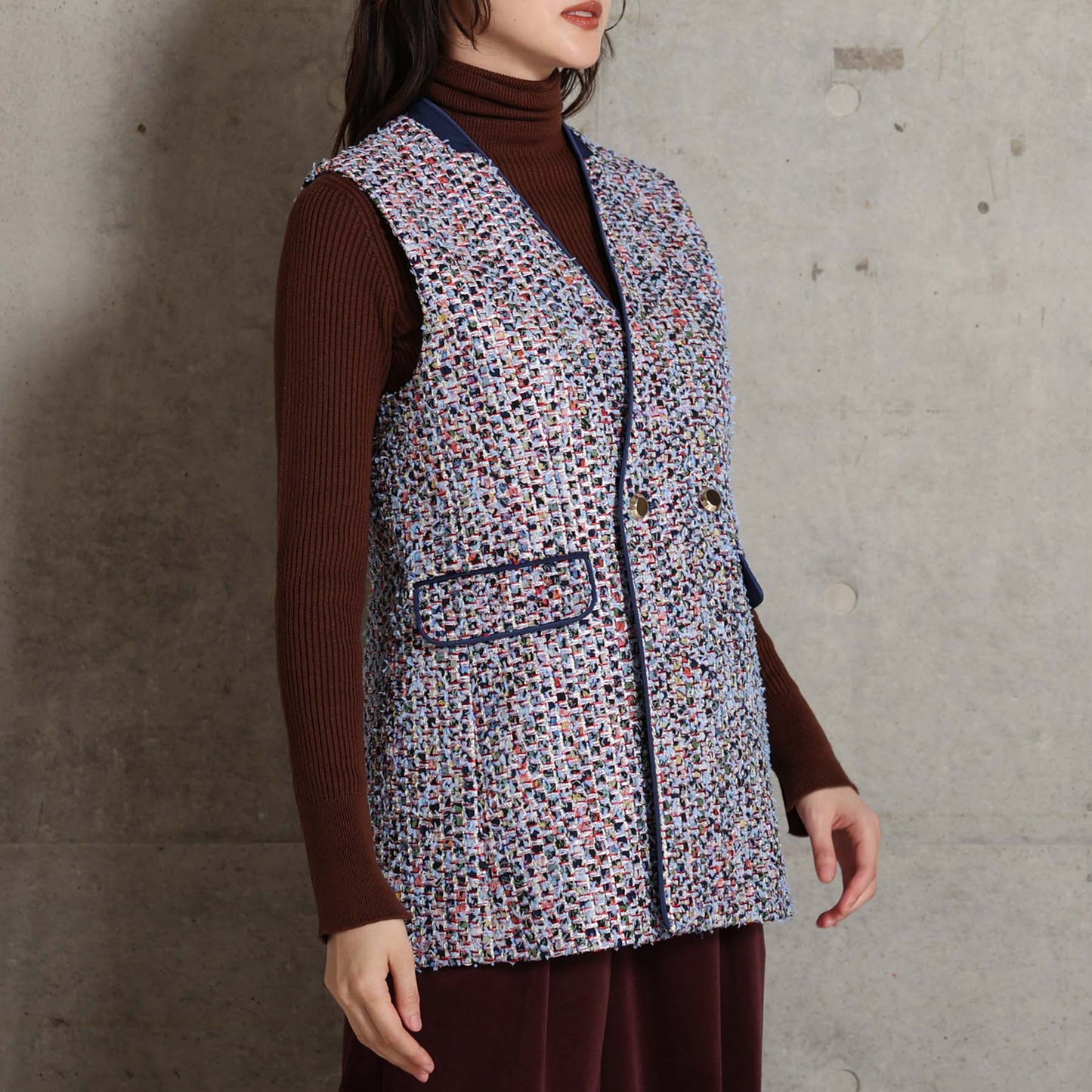 2026AW【10月下旬お届け予定】 F-VT-03「Wreath tweed/Layer check tweed」Double-breasted gilet【全2色】