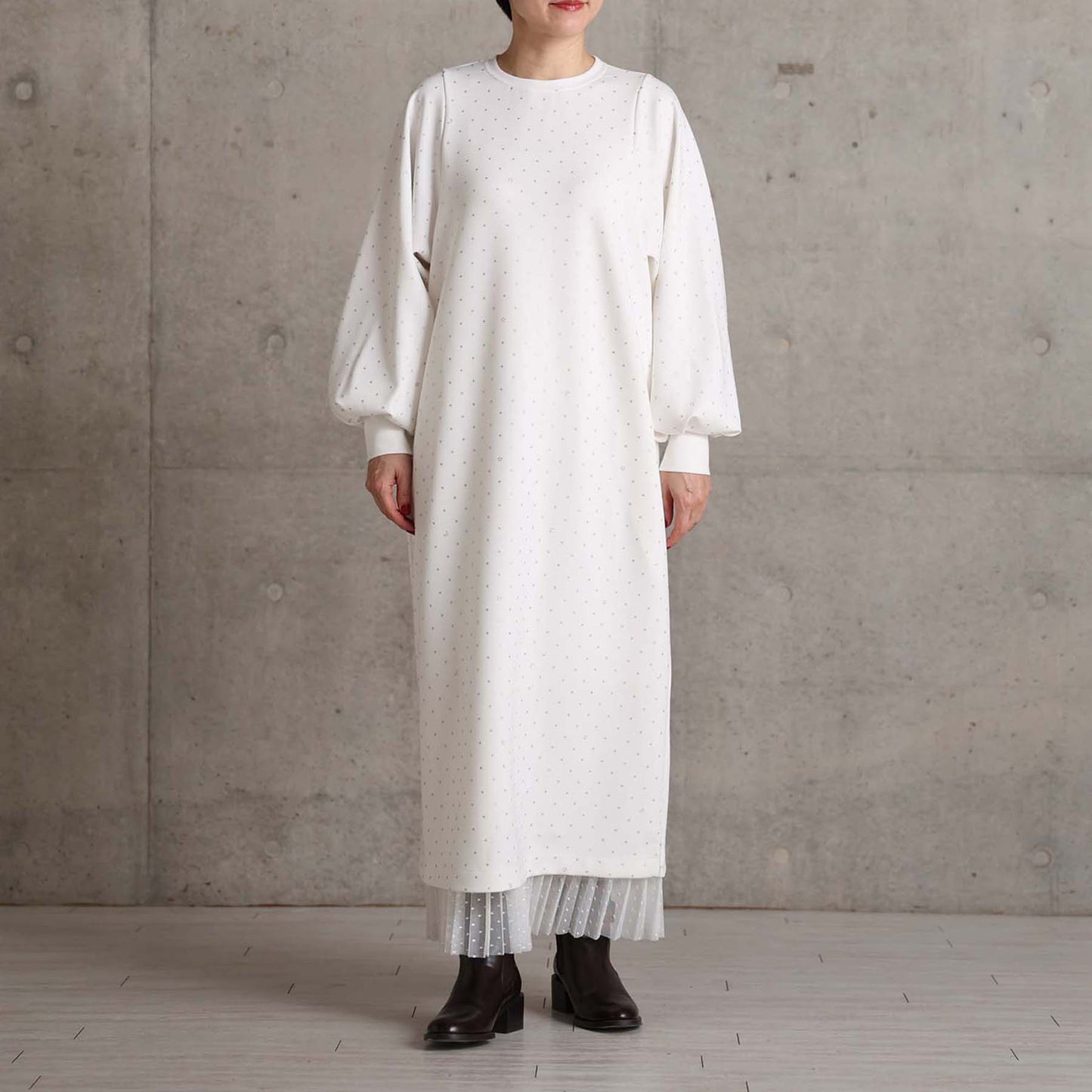 2026AW【9月下旬お届け予定】 F-SK-16「Technical knit&dot tulle」Layered Pleated Skirt【全2色】
