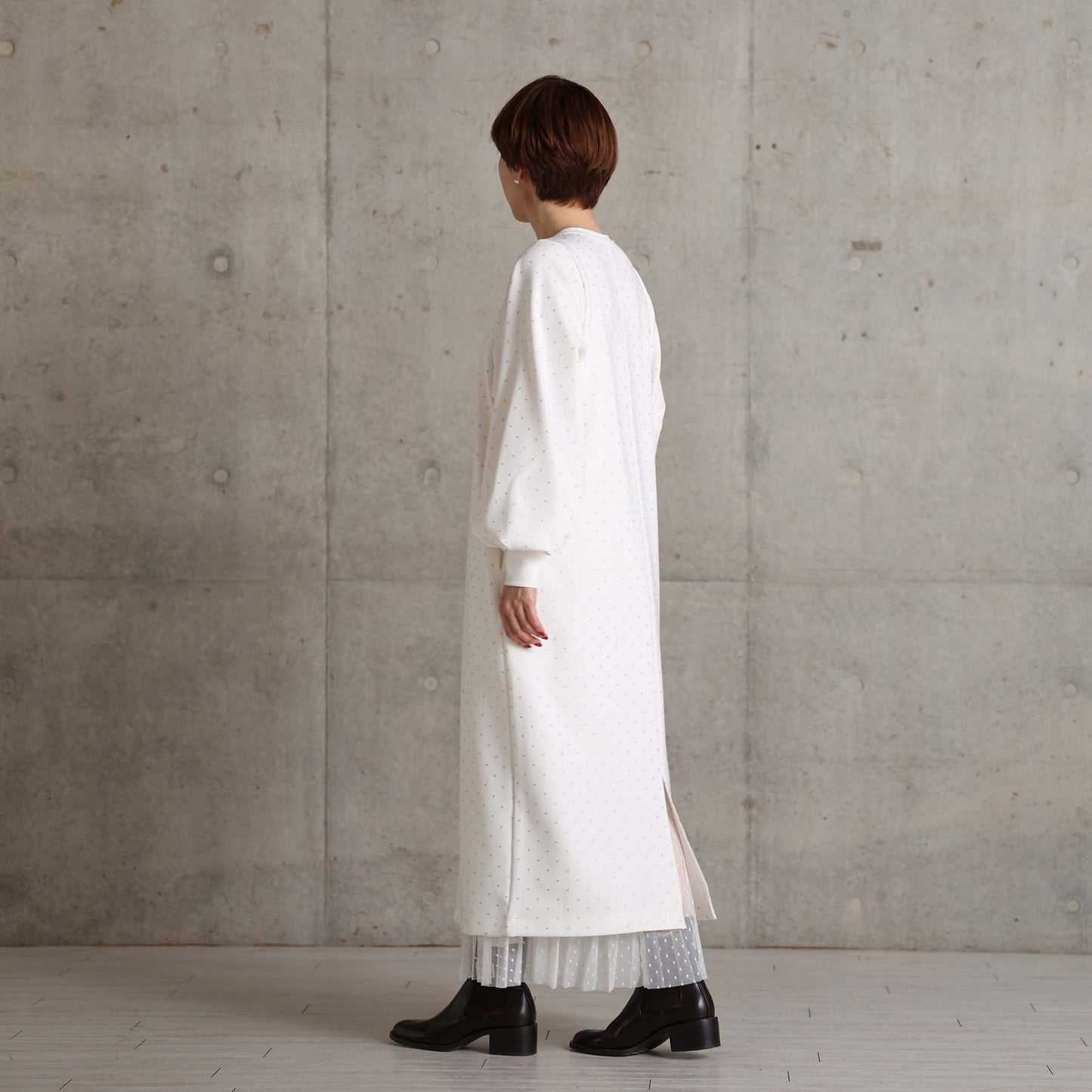 2026AW【9月下旬お届け予定】 F-SK-16「Technical knit&dot tulle」Layered Pleated Skirt【全2色】