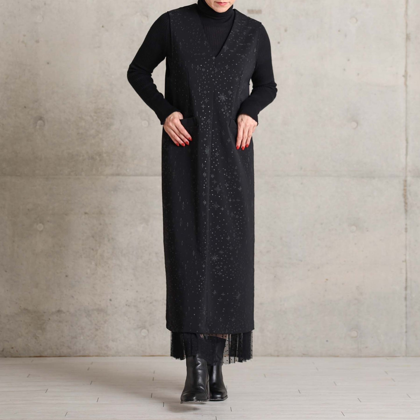 2026AW【9月下旬お届け予定】 F-SK-16「Technical knit&dot tulle」Layered Pleated Skirt【全2色】