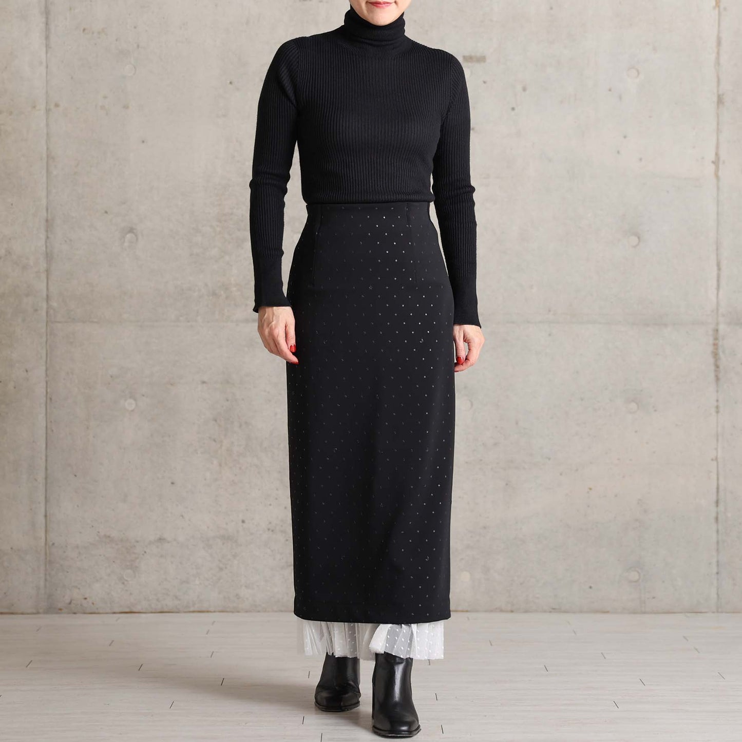 2026AW【9月下旬お届け予定】 F-SK-16「Technical knit&dot tulle」Layered Pleated Skirt【全2色】