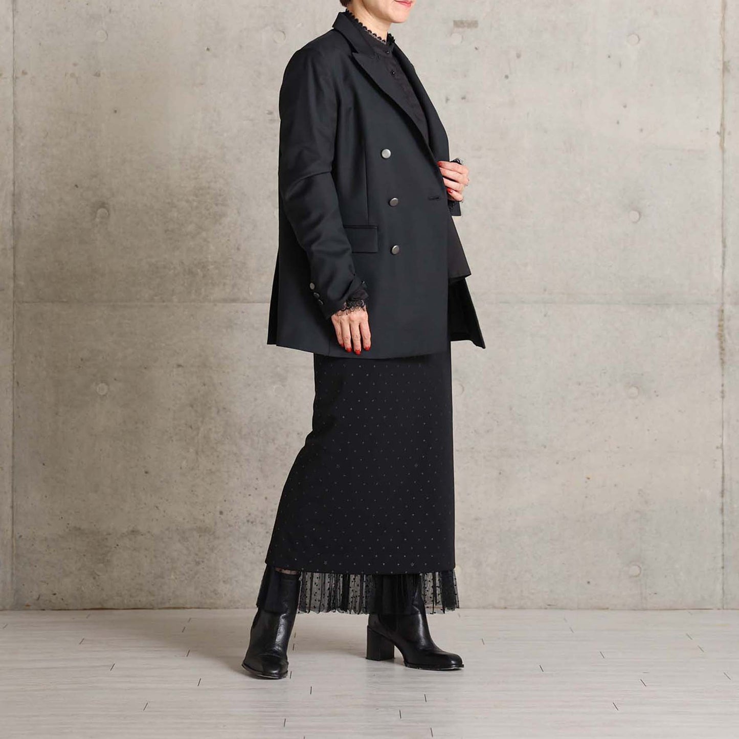 2026AW【9月下旬お届け予定】 F-SK-16「Technical knit&dot tulle」Layered Pleated Skirt【全2色】
