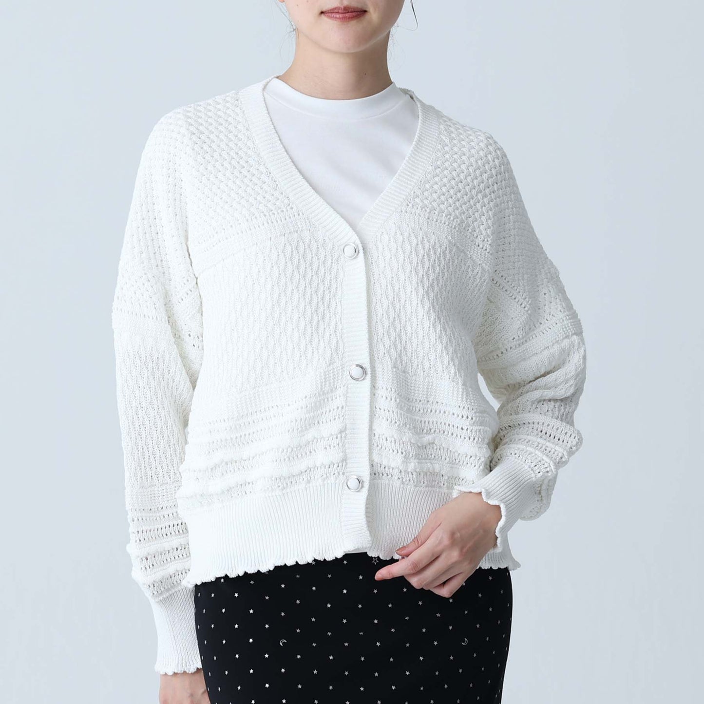 F-KN-04「Lace Mélange」V-neck cardigan WHITE