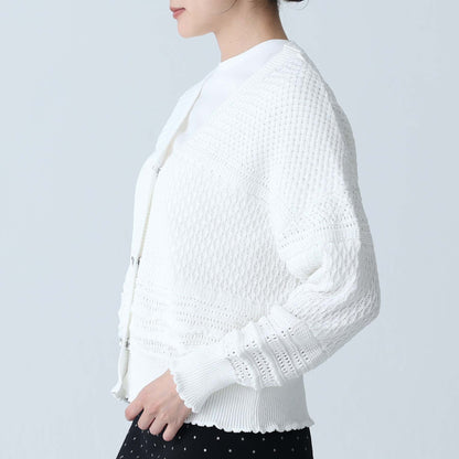 F-KN-04「Lace Mélange」V-neck cardigan WHITE