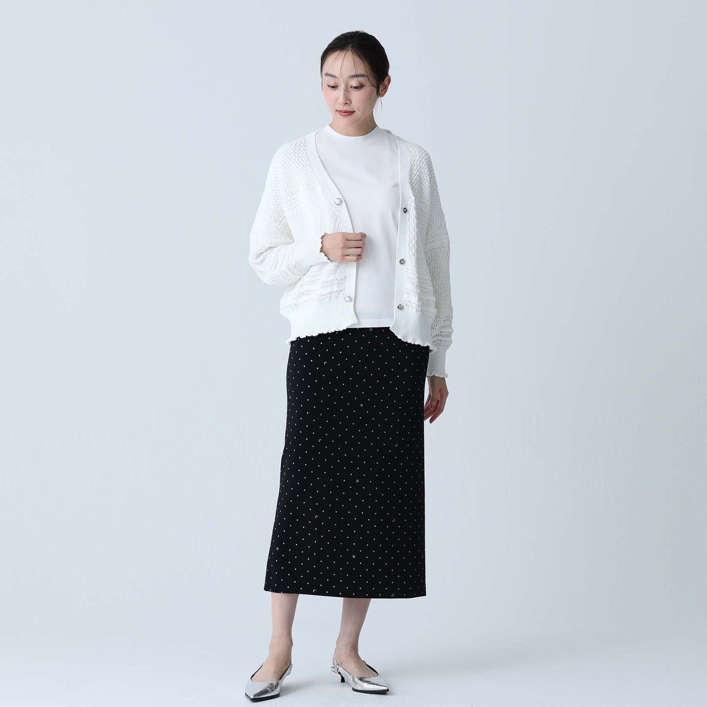 F-KN-04「Lace Mélange」V-neck cardigan WHITE