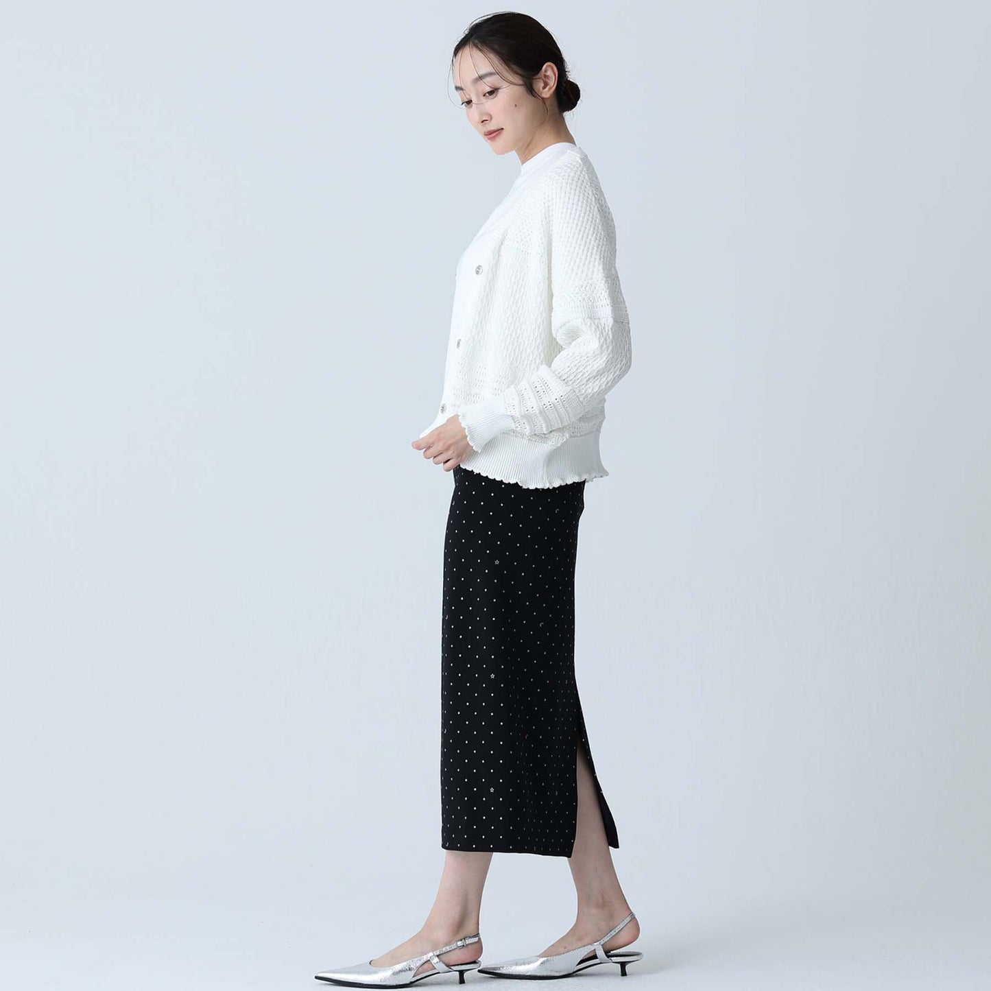 F-KN-04「Lace Mélange」V-neck cardigan WHITE