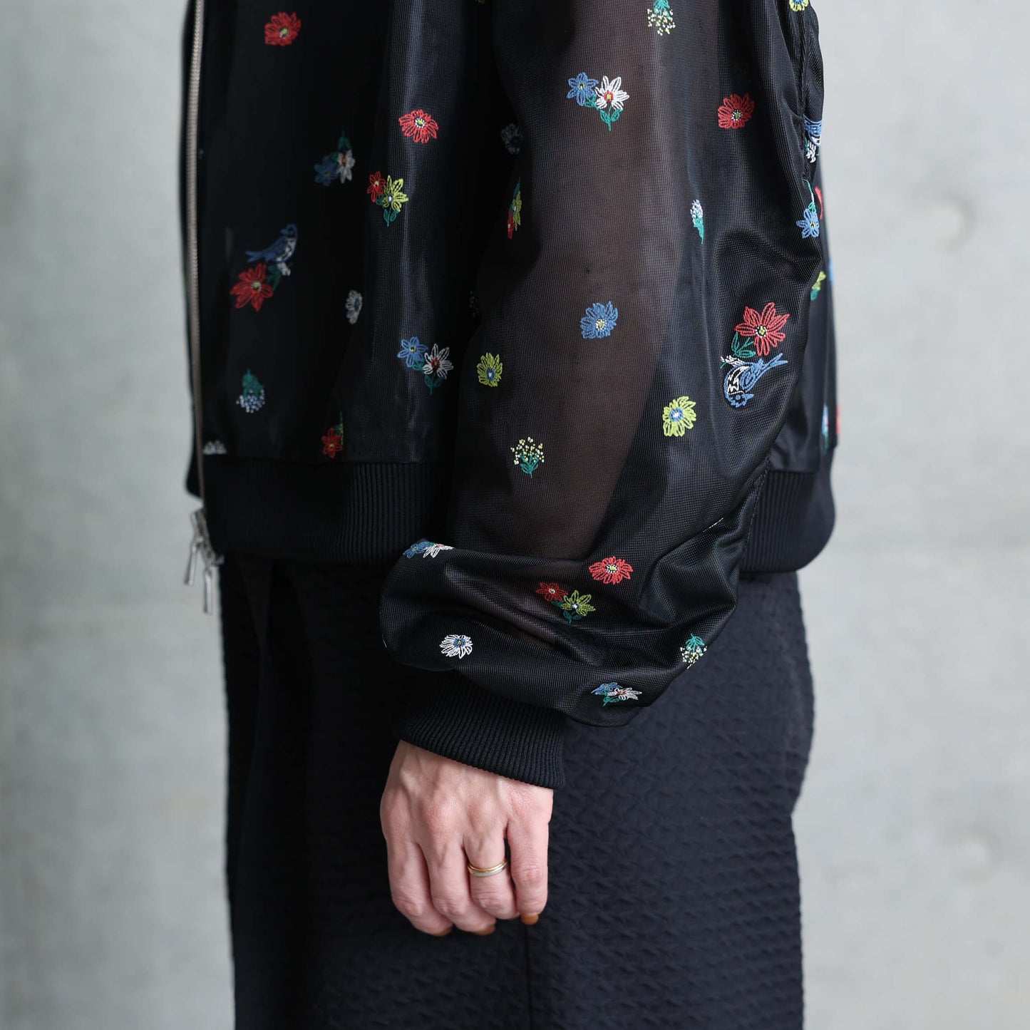 7月下旬お届け予定 C-JK-70「Robin flower sheer knit」Bomber jacket BLACK