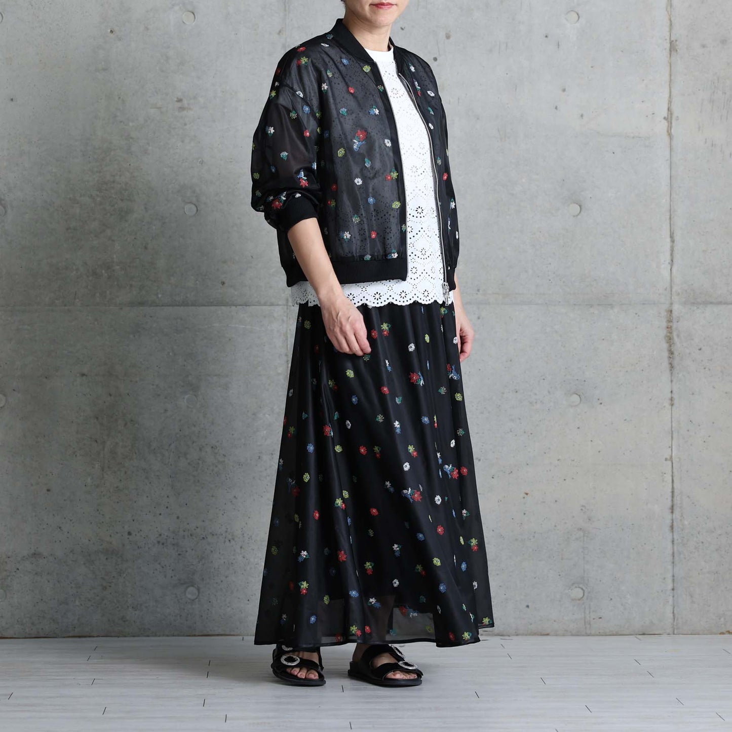 7月下旬お届け予定 C-JK-70「Robin flower sheer knit」Bomber jacket BLACK