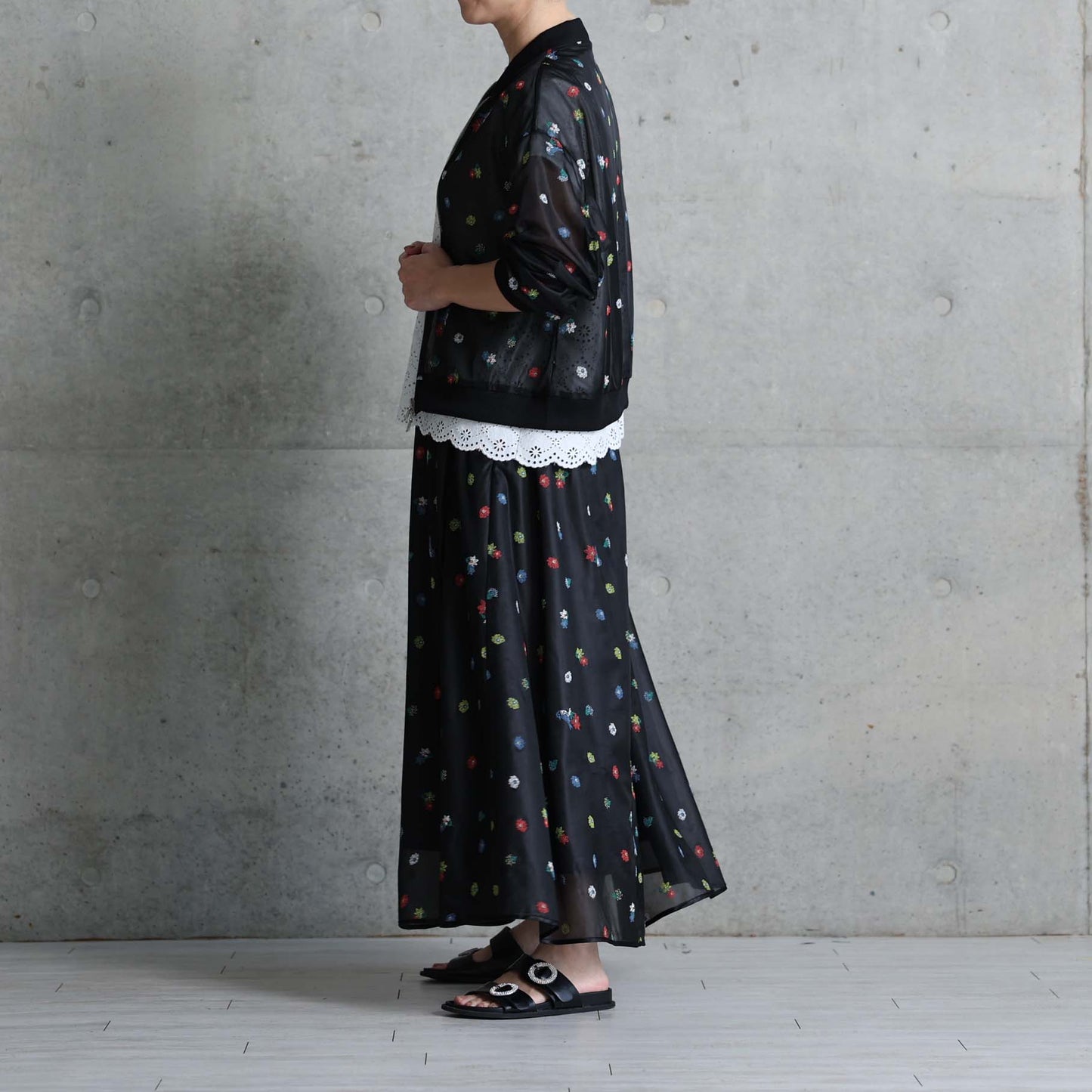 7月下旬お届け予定 C-JK-70「Robin flower sheer knit」Bomber jacket BLACK
