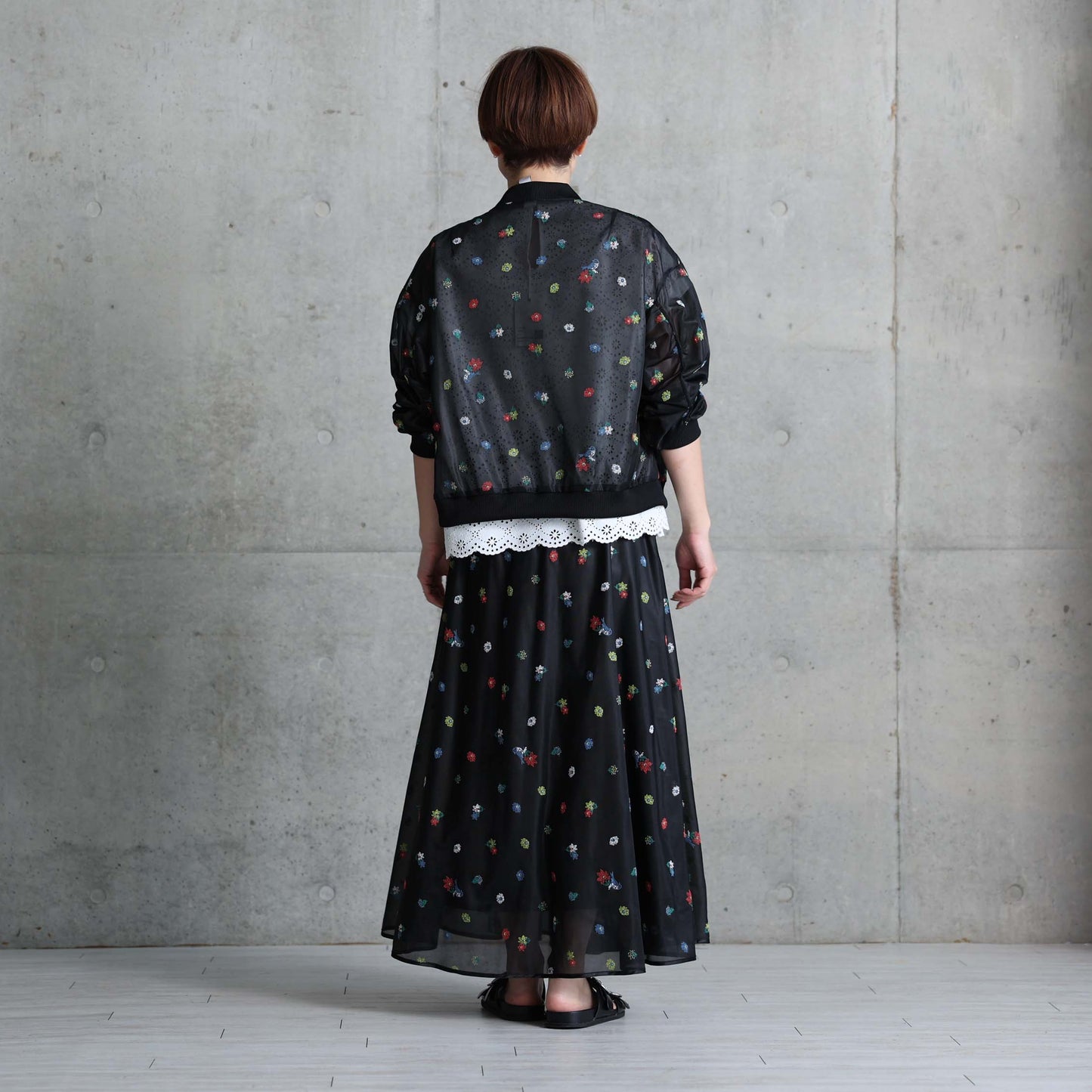 7月下旬お届け予定 C-JK-70「Robin flower sheer knit」Bomber jacket BLACK