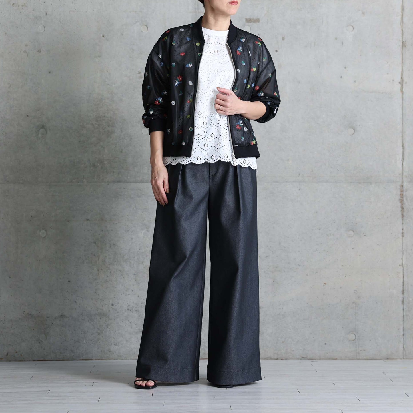 7月下旬お届け予定 C-JK-70「Robin flower sheer knit」Bomber jacket BLACK