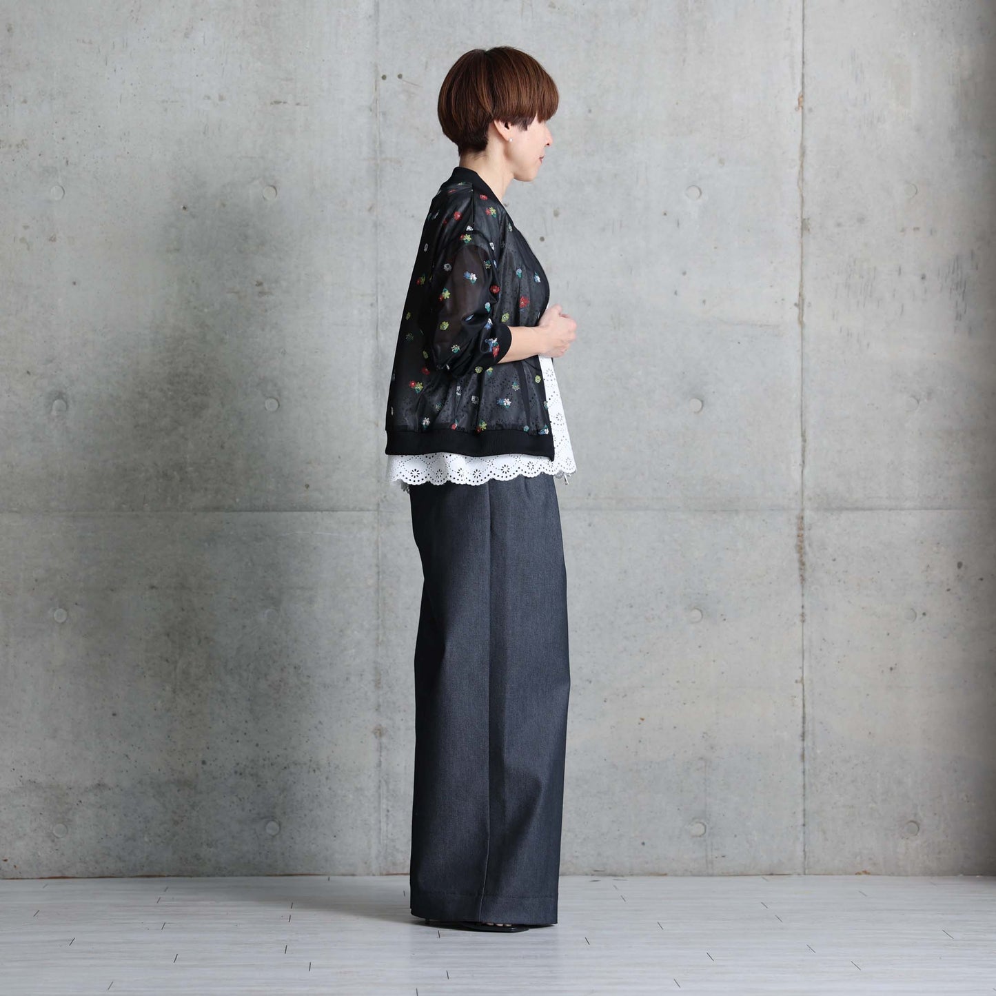 7月下旬お届け予定 C-JK-70「Robin flower sheer knit」Bomber jacket BLACK
