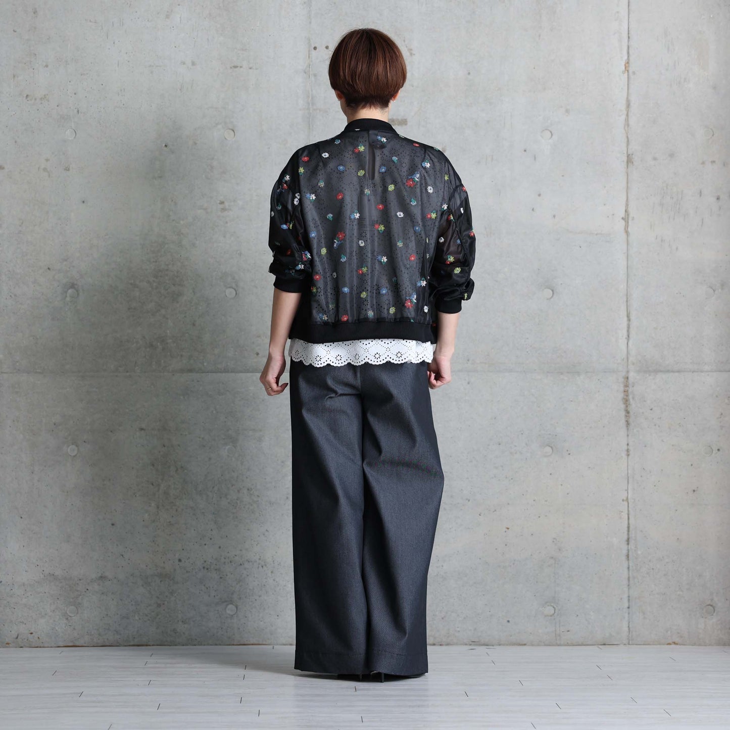 7月下旬お届け予定 C-JK-70「Robin flower sheer knit」Bomber jacket BLACK