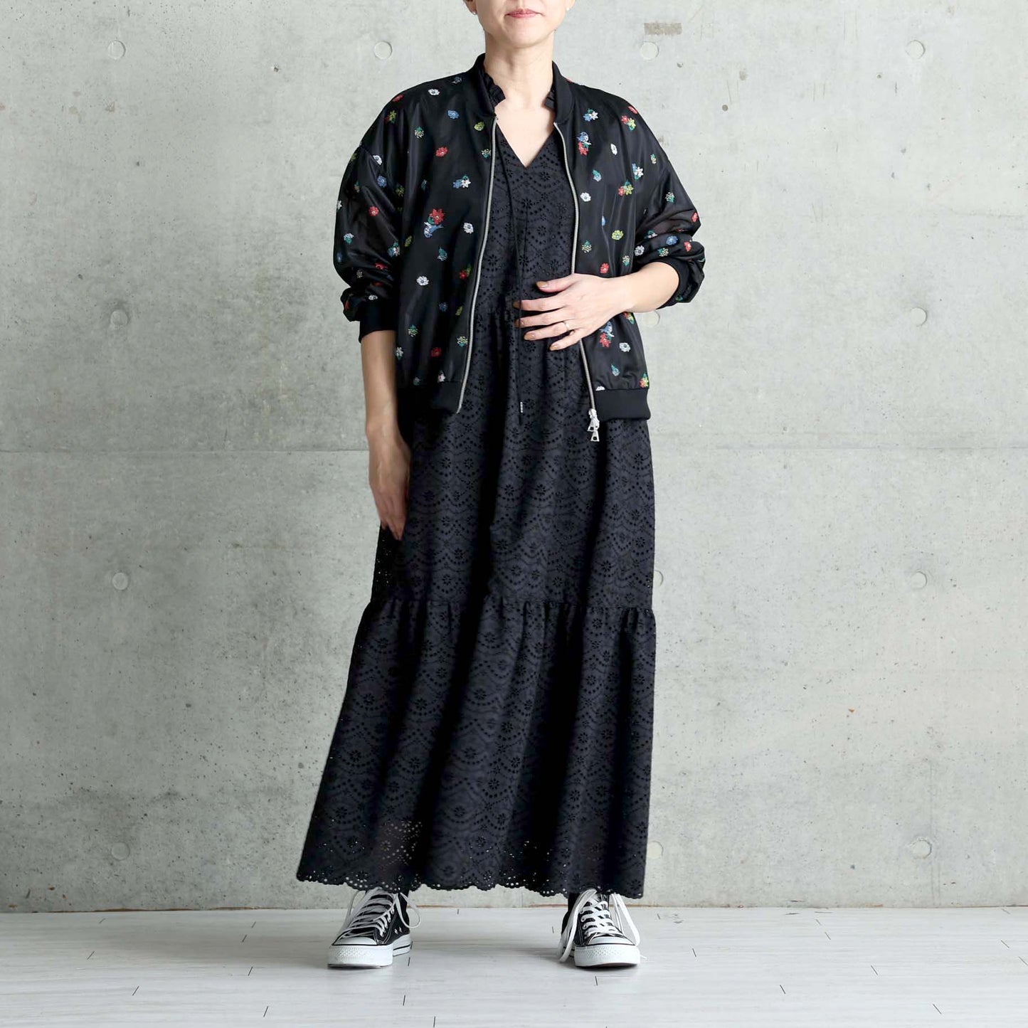 7月下旬お届け予定 C-JK-70「Robin flower sheer knit」Bomber jacket BLACK