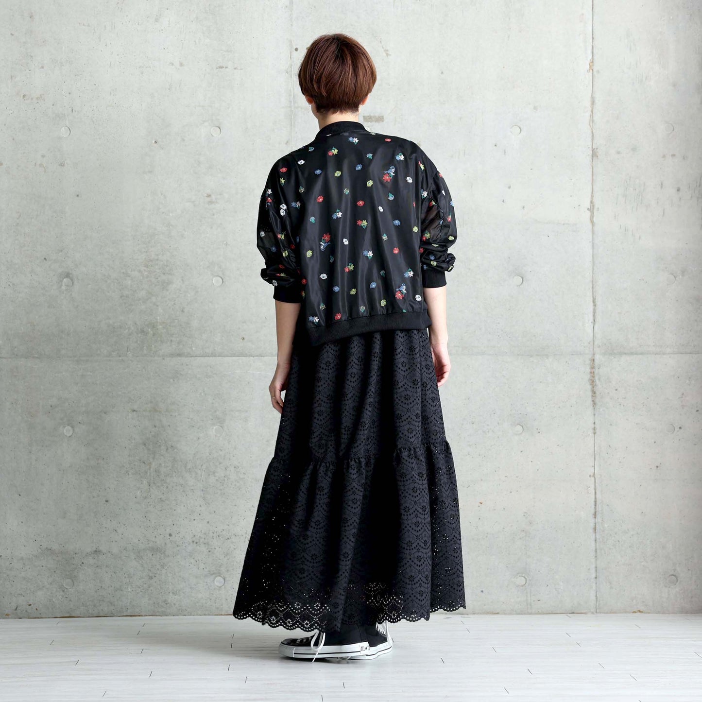 7月下旬お届け予定 C-JK-70「Robin flower sheer knit」Bomber jacket BLACK
