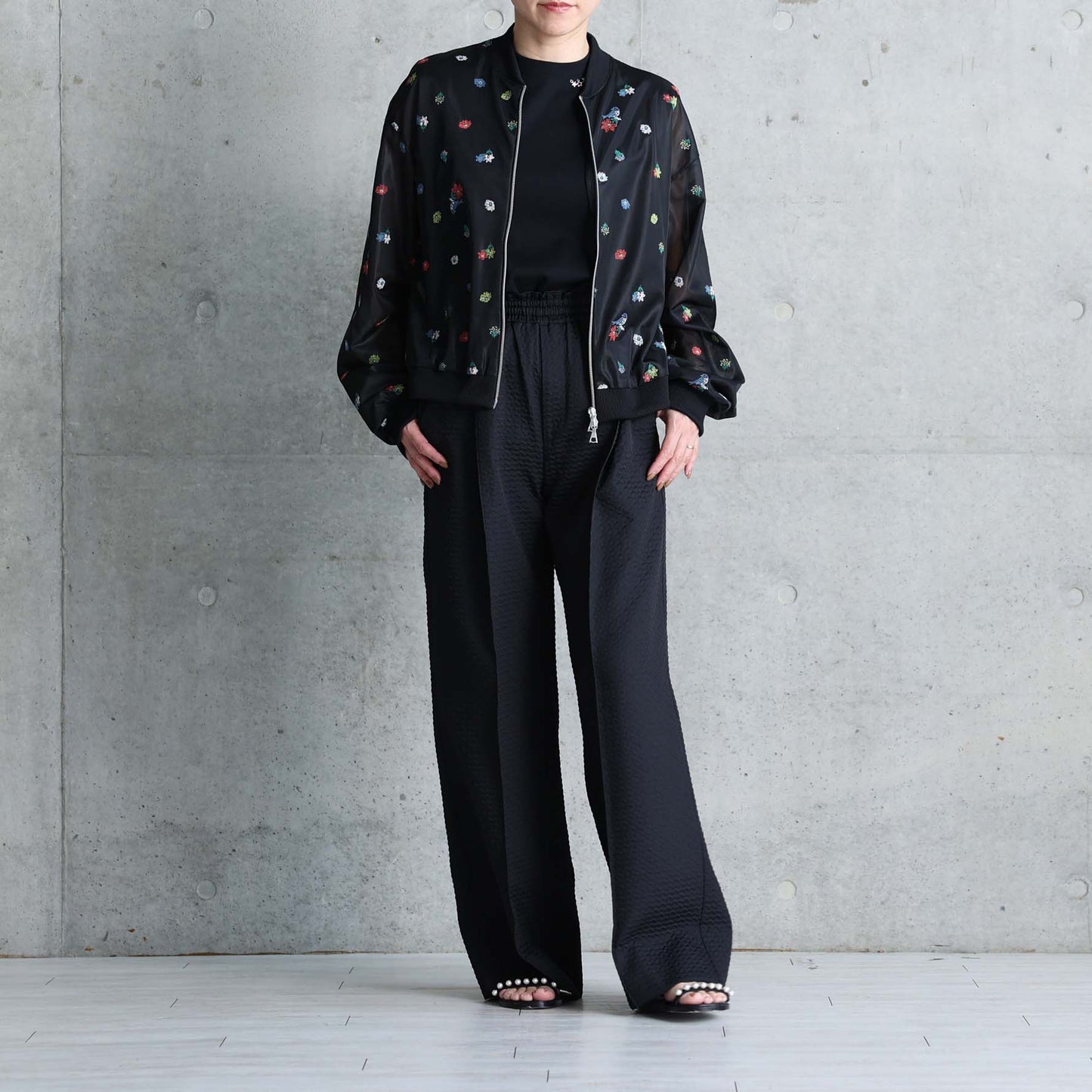 7月下旬お届け予定 C-JK-70「Robin flower sheer knit」Bomber jacket BLACK
