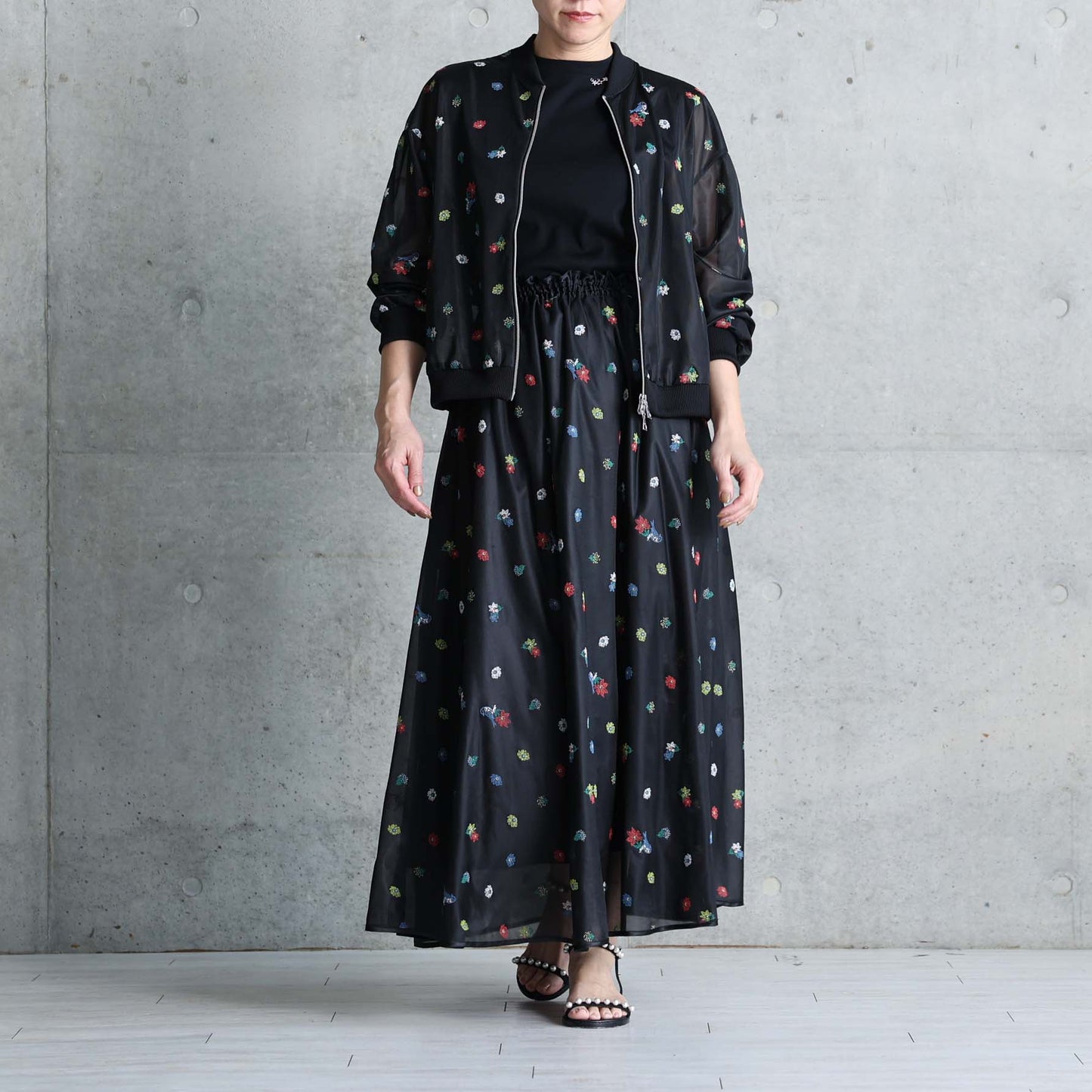 7月下旬お届け予定 C-JK-70「Robin flower sheer knit」Bomber jacket BLACK