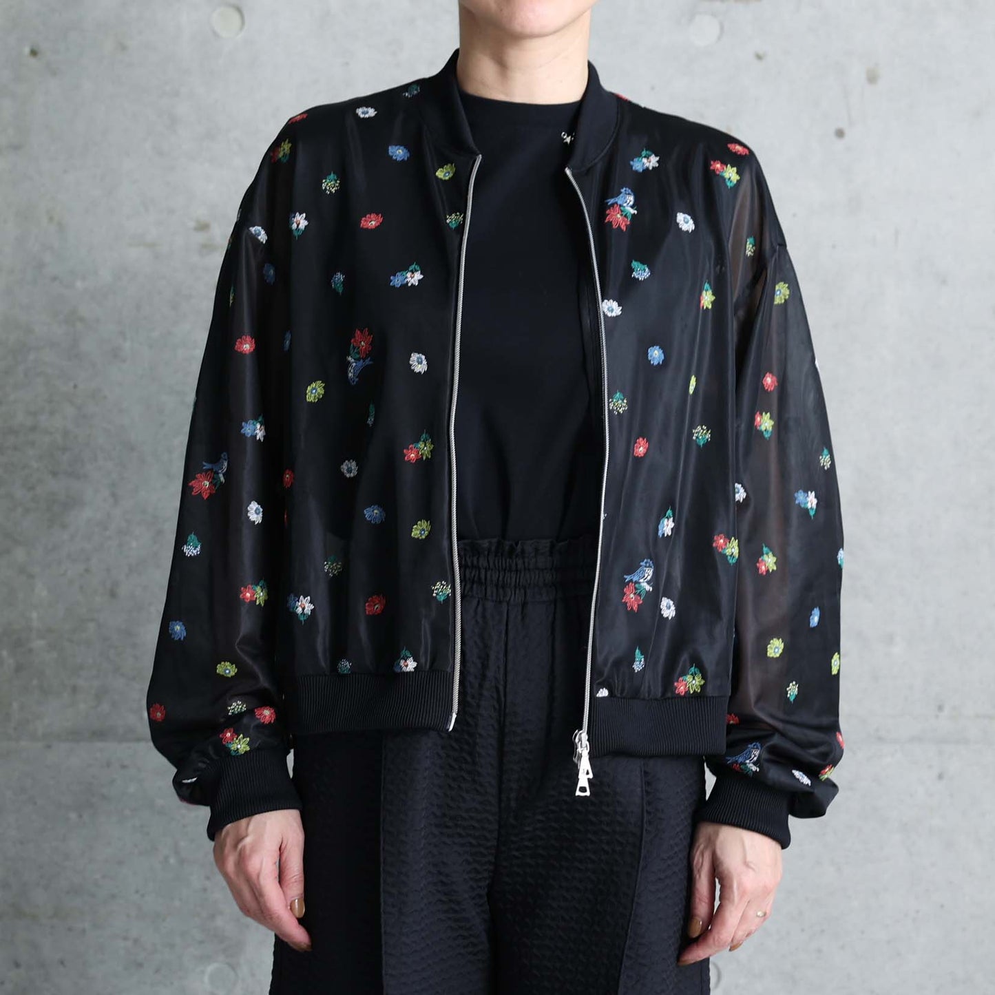7月下旬お届け予定 C-JK-70「Robin flower sheer knit」Bomber jacket BLACK