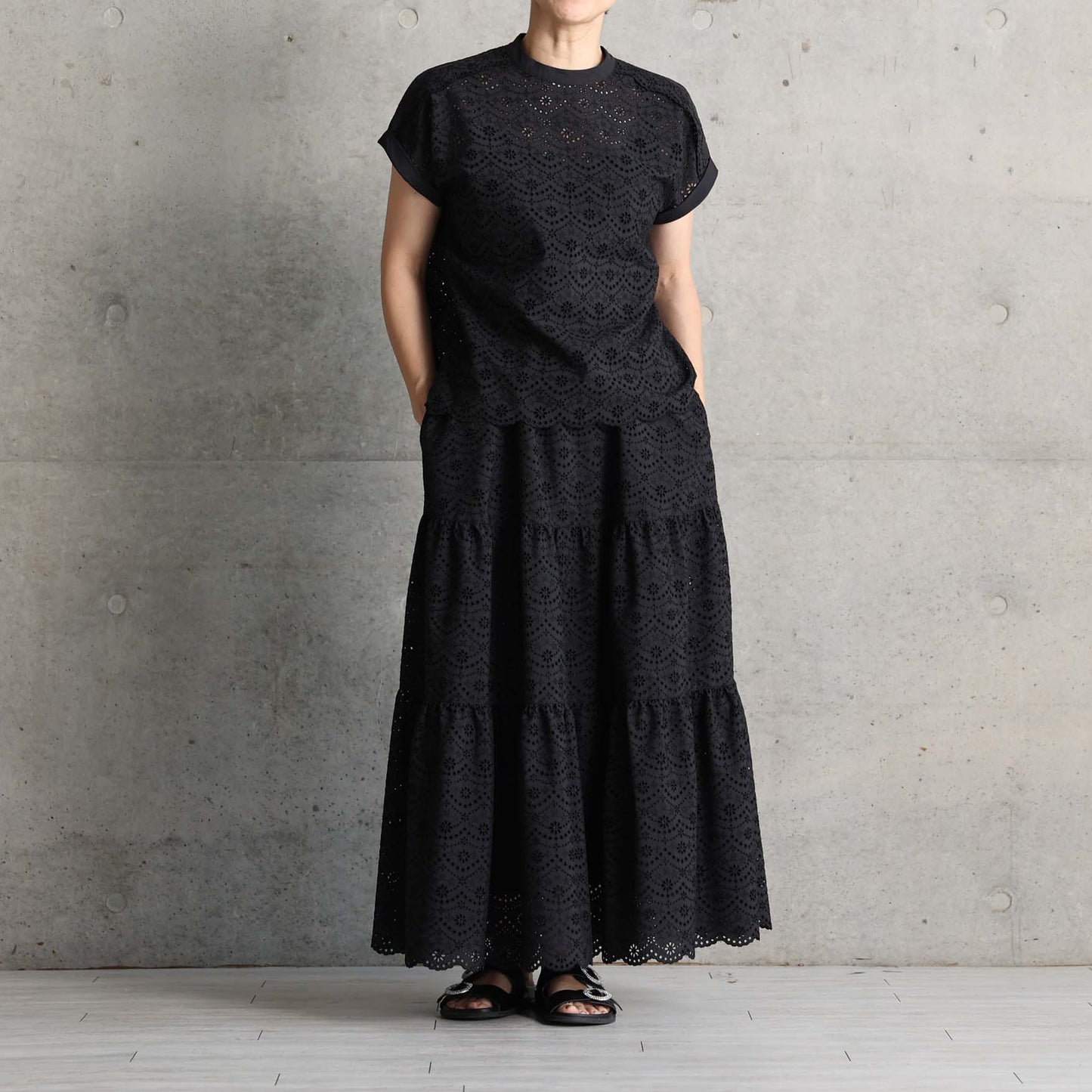 C-SK-134「The Secret Garden」Tiered long skirt BLACK