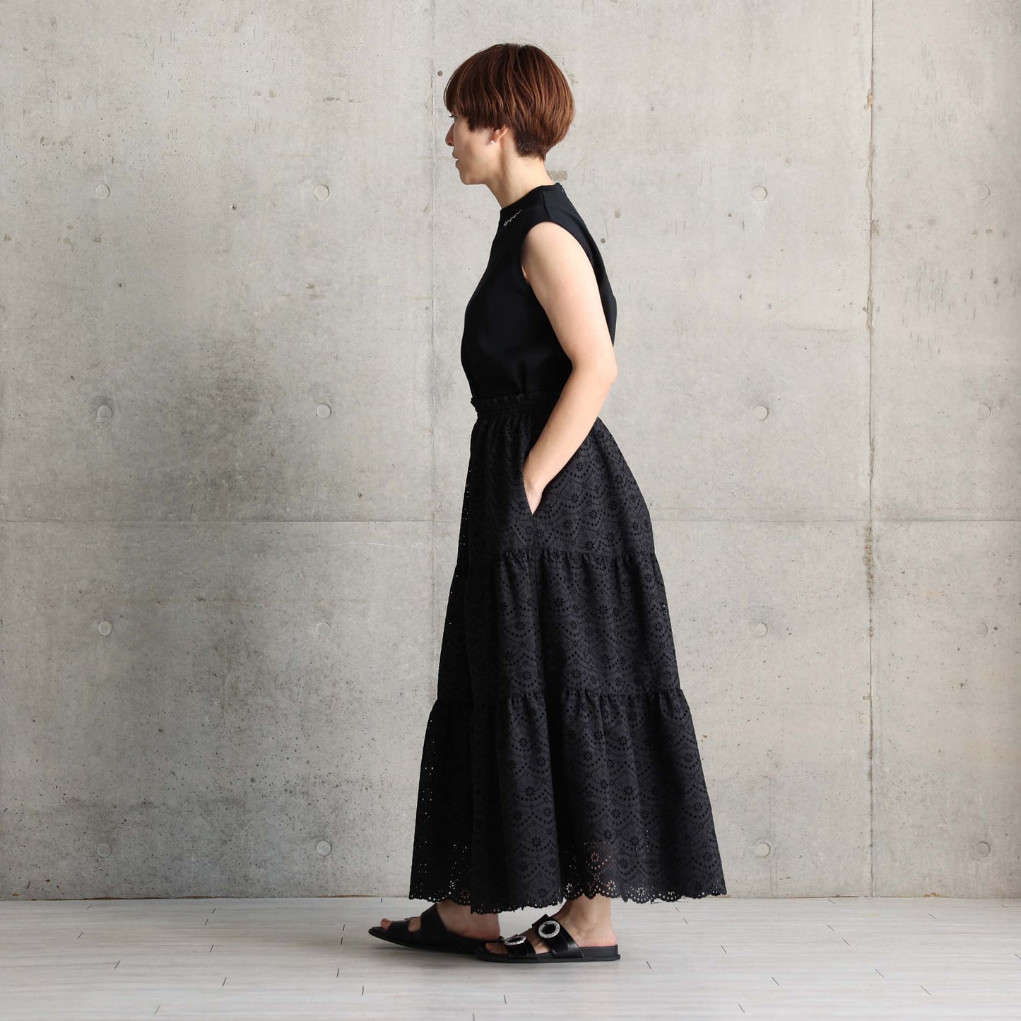 C-SK-134「The Secret Garden」Tiered long skirt BLACK