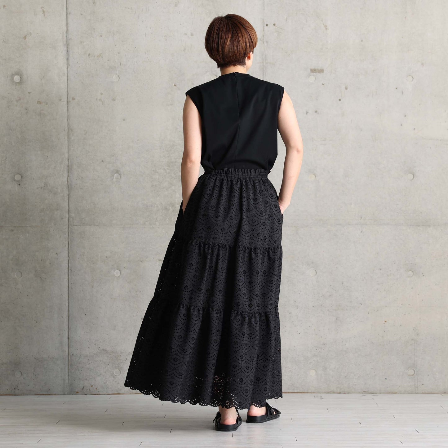 C-SK-134「The Secret Garden」Tiered long skirt BLACK