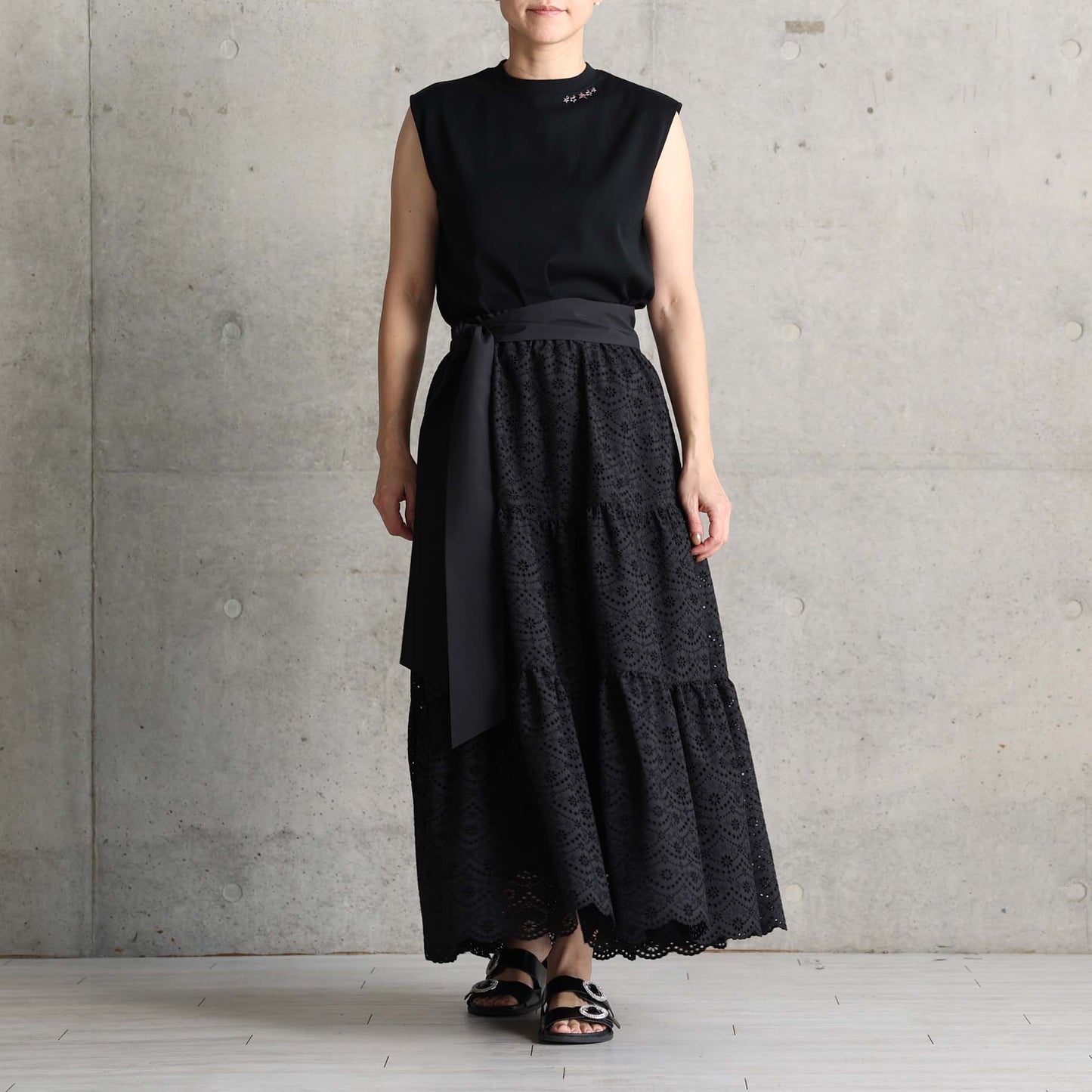 C-SK-134「The Secret Garden」Tiered long skirt BLACK
