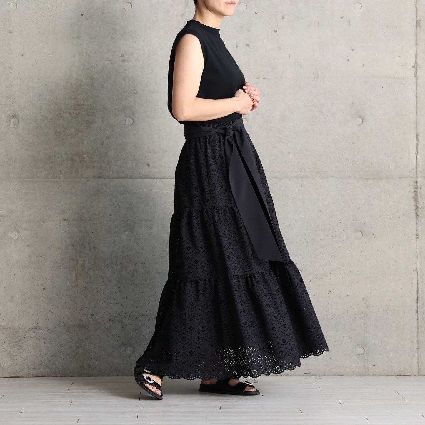 C-SK-134「The Secret Garden」Tiered long skirt BLACK