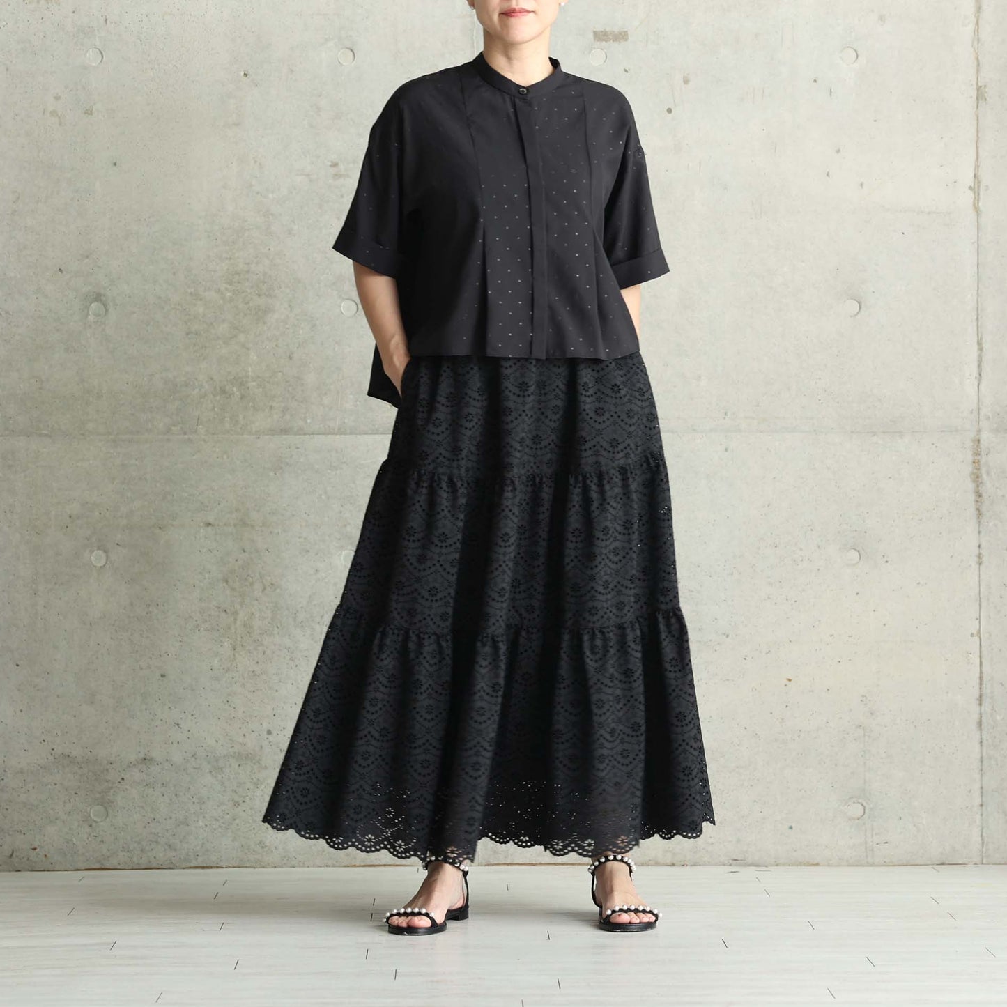 C-SK-134「The Secret Garden」Tiered long skirt BLACK