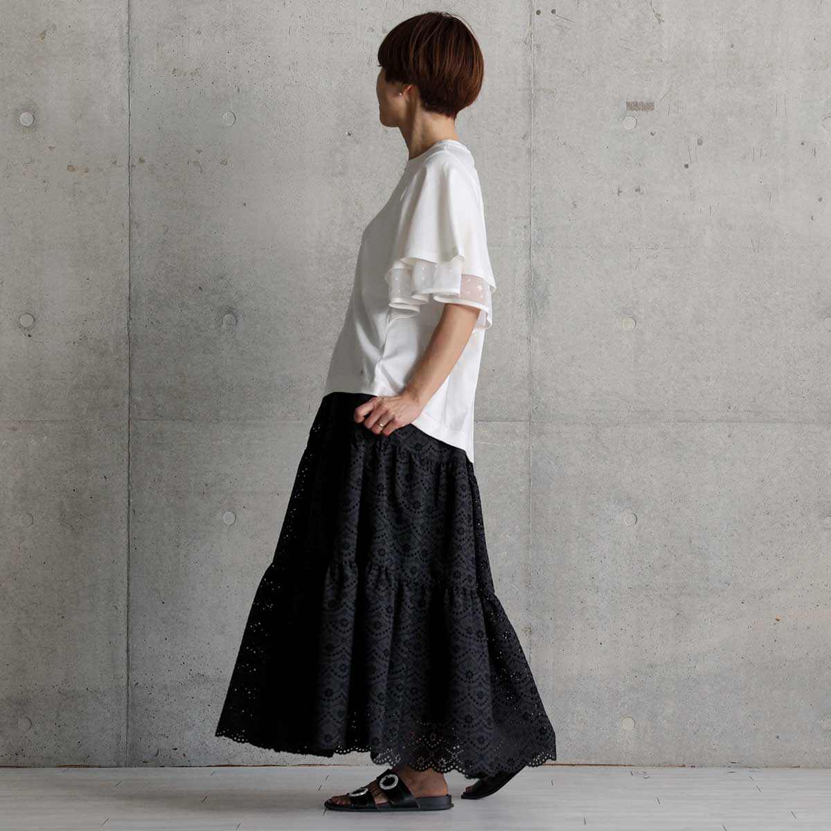 C-SK-134「The Secret Garden」Tiered long skirt BLACK