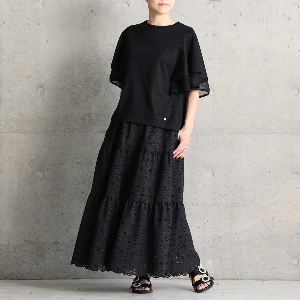 C-SK-134「The Secret Garden」Tiered long skirt BLACK