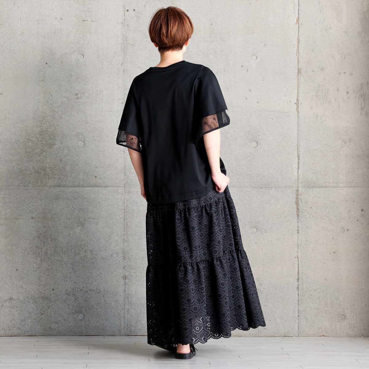 C-SK-134「The Secret Garden」Tiered long skirt BLACK