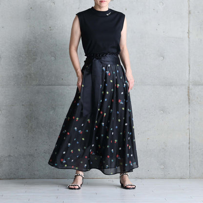 7月下旬お届け予定 C-SK-137「Robin flower sheer knit」Long skirt BLACK